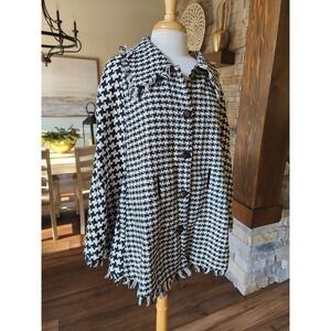Yak Magik Houndstooth Fringed Collar Cape Jacket Coat Bohemian Outerwear